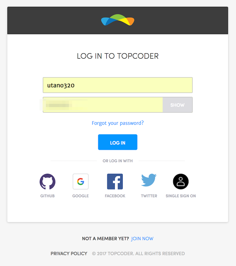 Topcoder ログイン画面（community）