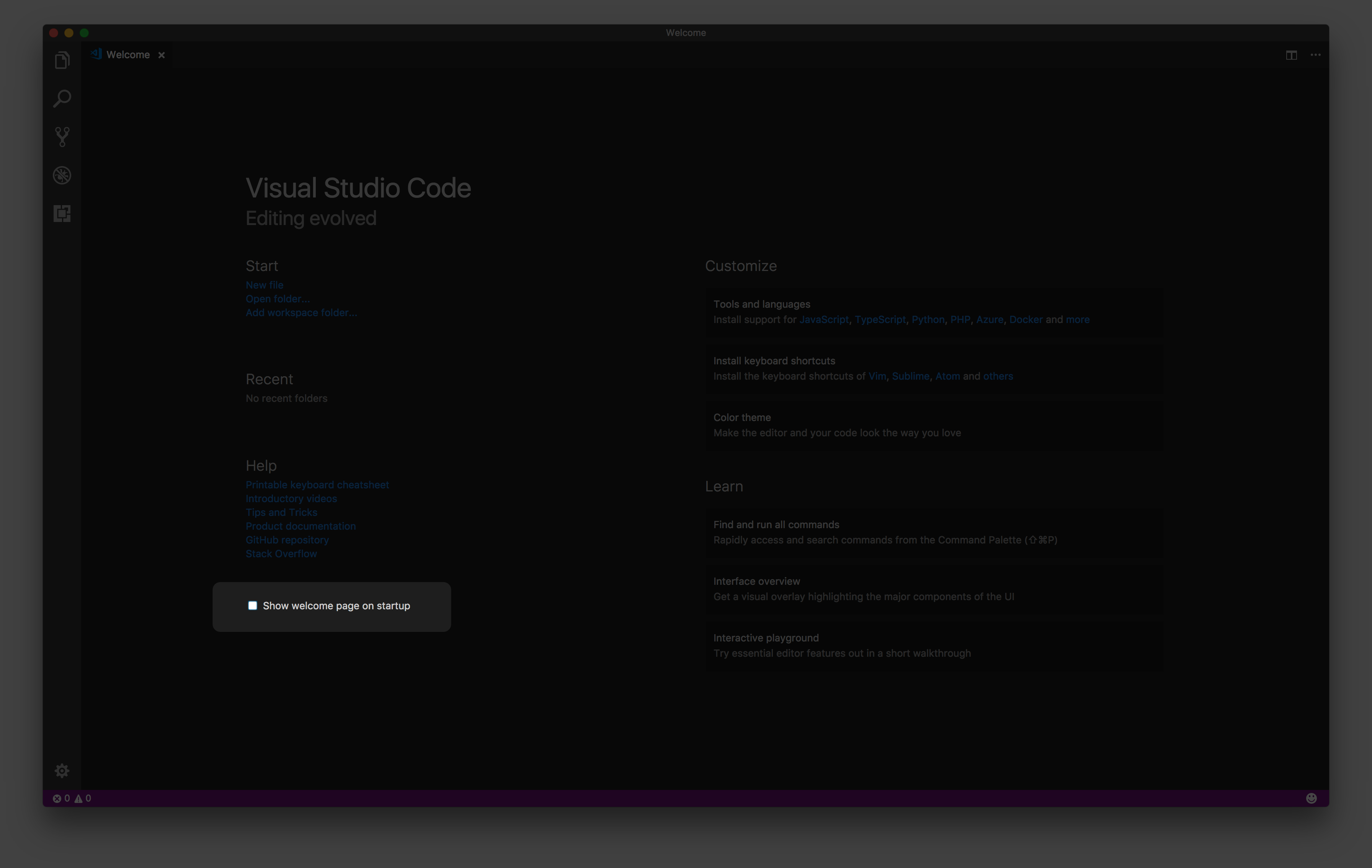 Visual Studio Code welcome画面を起動しない