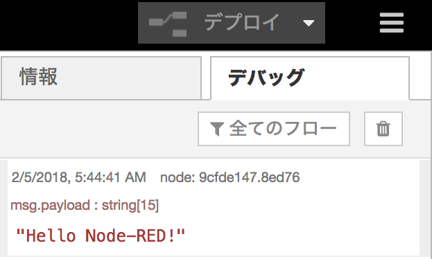 Hello Node-RED! デバッグウィンドウへの出力